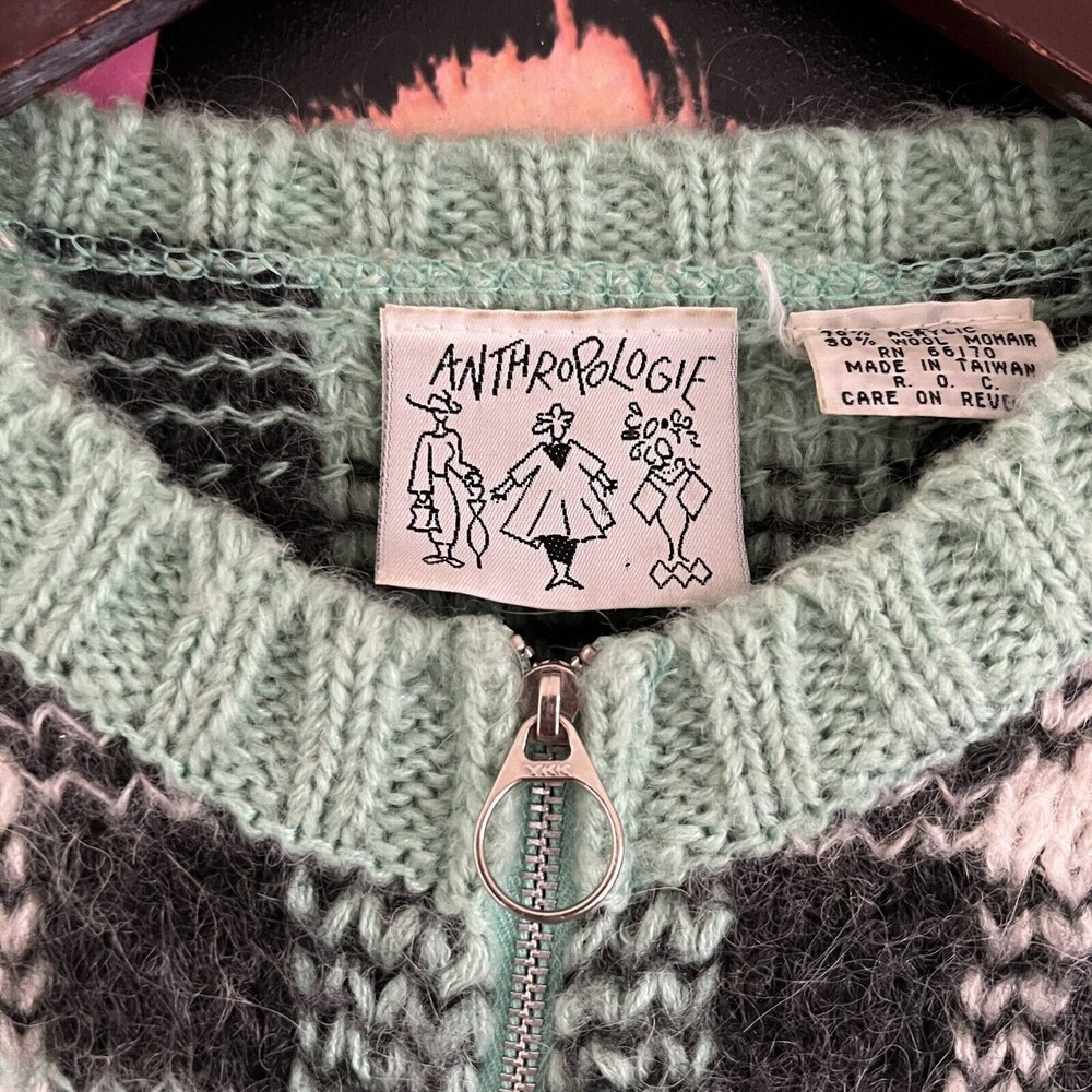 Vintage Anthropologie Womens Acrylic Wool Mohair Plaid Zip Cardigan Mint - Picture 3 of 7